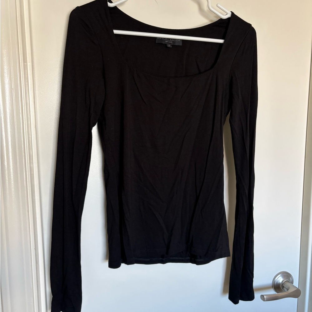 Marcella NYC Minimalist Black Square Neck Long Sleeve Top - Size S